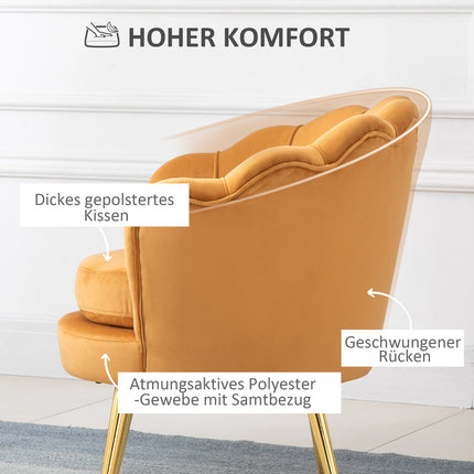 Upholstered shell-shaped armchair with metal legs, yellow