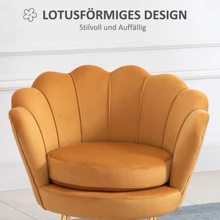 Upholstered shell-shaped armchair with metal legs, yellow