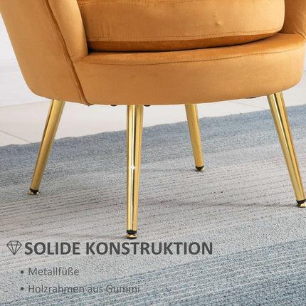 Upholstered shell-shaped armchair with metal legs, yellow