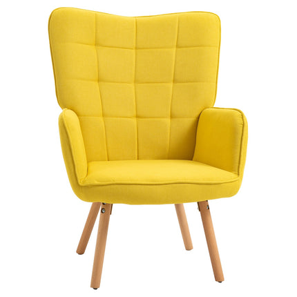 Yellow velvet armchair with armrests - Padded lounge chair in wood