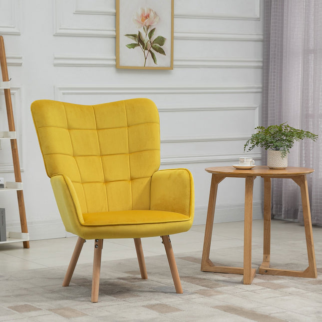 Yellow velvet armchair with armrests - Padded lounge chair in wood