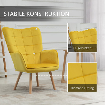 Yellow velvet armchair with armrests - Padded lounge chair in wood
