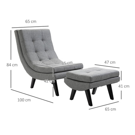 Gray chaise longue in linen with footstool - rubberwood legs