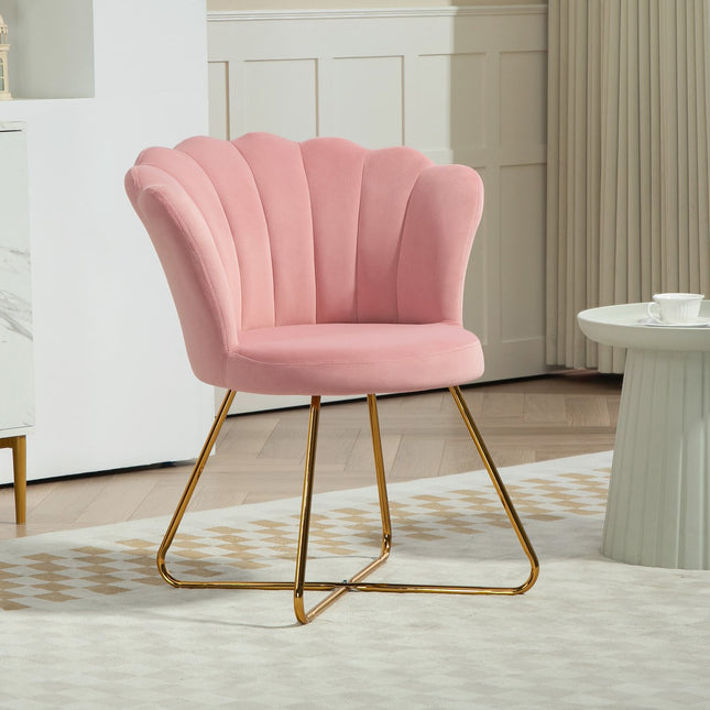 Fauteuil loungestoel met armleuningen, metalen poten, relaxstoel met rugleuning in lotusdesign, fluweellook, gestoffeerde stoel voor woonkamer, slaapkamer roze |