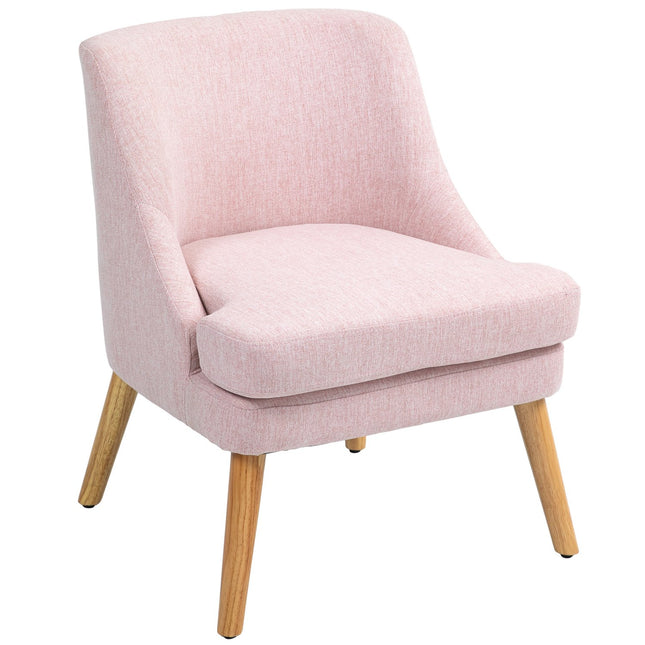 Fauteuil loungestoel met linnenlook, armleuning, gewatteerde relaxstoel met houten poten, voor woonkamer, slaapkamer, roze