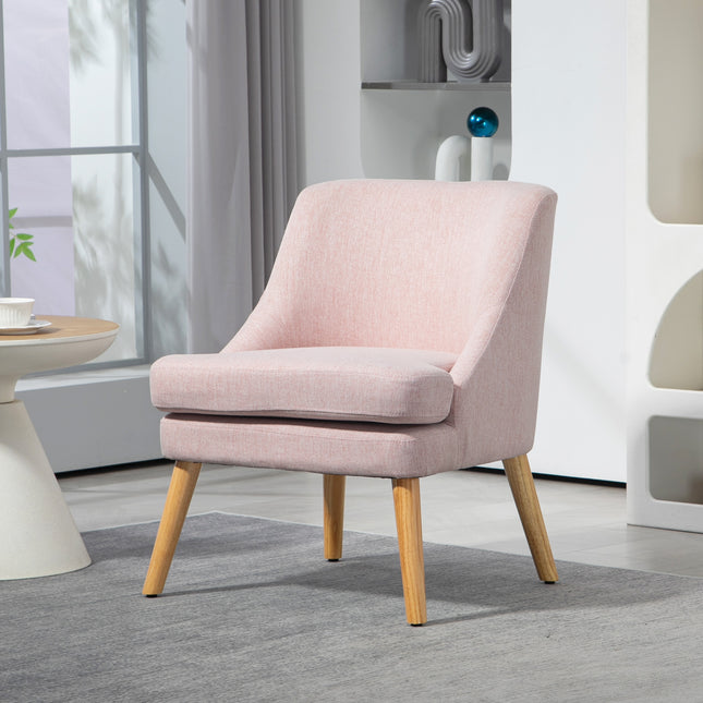 Fauteuil loungestoel met linnenlook, armleuning, gewatteerde relaxstoel met houten poten, voor woonkamer, slaapkamer, roze