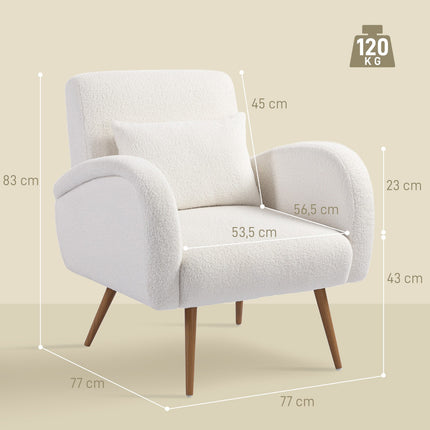 Armchair with Fleece Cover, Cushion, Metal Legs, Cream