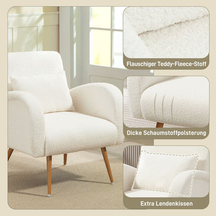 Armchair with Fleece Cover, Cushion, Metal Legs, Cream