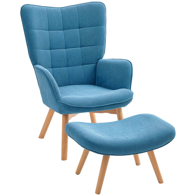 Fauteuil met kruk, hoge rugleuning, houten poten, getuft design corduroy look loungestoel voor woonkamer, blauw