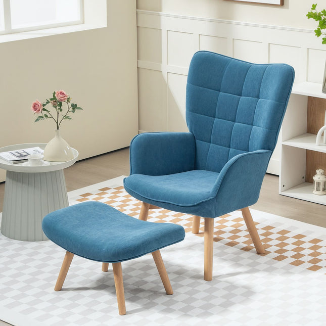 Fauteuil met kruk, hoge rugleuning, houten poten, getuft design corduroy look loungestoel voor woonkamer, blauw