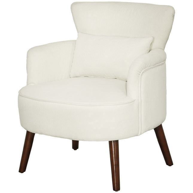 Fauteuil met rugleuning, afgeronde armleuningen, gestoffeerde loungestoel met koordlook, houten poten, voor slaapkamer, woonkamer, tot 120 kg, crèmewit