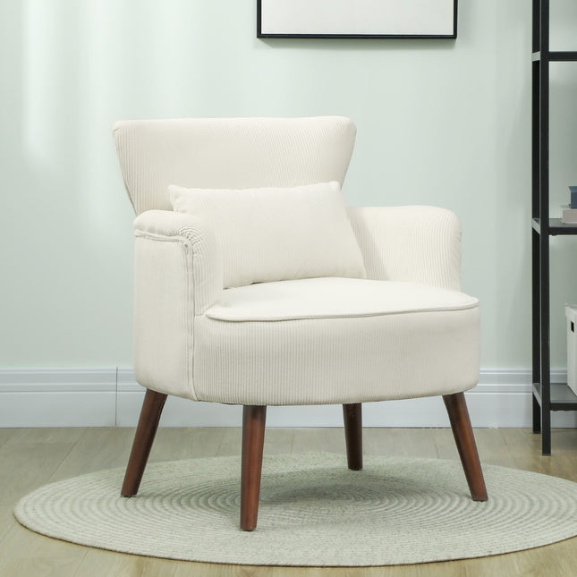 Fauteuil met rugleuning, afgeronde armleuningen, gestoffeerde loungestoel met koordlook, houten poten, voor slaapkamer, woonkamer, tot 120 kg, crèmewit