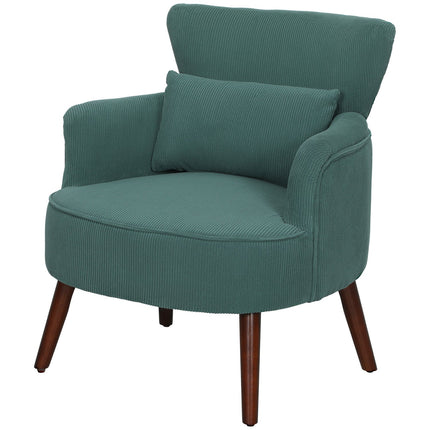Fauteuil met rugleuning, afgeronde armleuningen, gestoffeerde loungestoel met koordlook, houten poten, voor slaapkamer, woonkamer, tot 120 kg, donkergroen