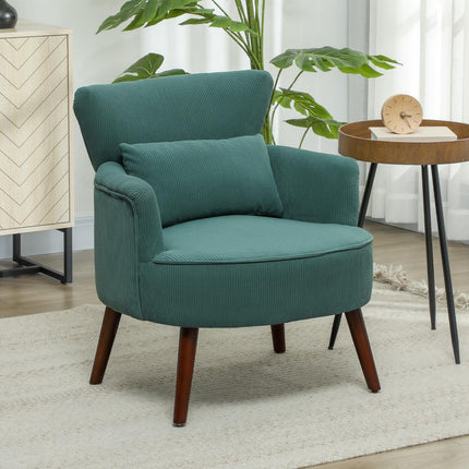Fauteuil met rugleuning, afgeronde armleuningen, gestoffeerde loungestoel met koordlook, houten poten, voor slaapkamer, woonkamer, tot 120 kg, donkergroen