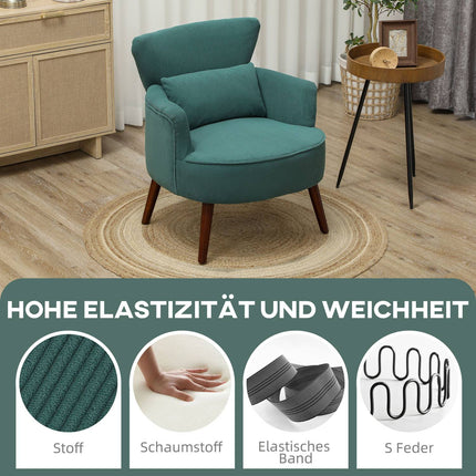 Fauteuil met rugleuning, afgeronde armleuningen, gestoffeerde loungestoel met koordlook, houten poten, voor slaapkamer, woonkamer, tot 120 kg, donkergroen