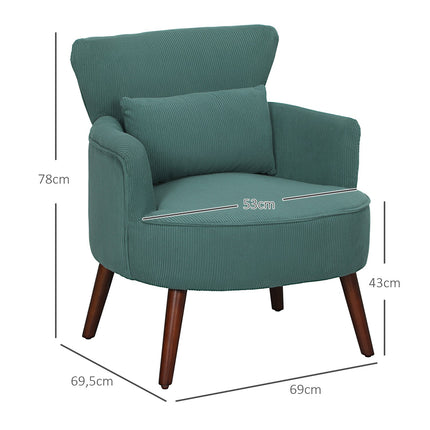 Fauteuil met rugleuning, afgeronde armleuningen, gestoffeerde loungestoel met koordlook, houten poten, voor slaapkamer, woonkamer, tot 120 kg, donkergroen
