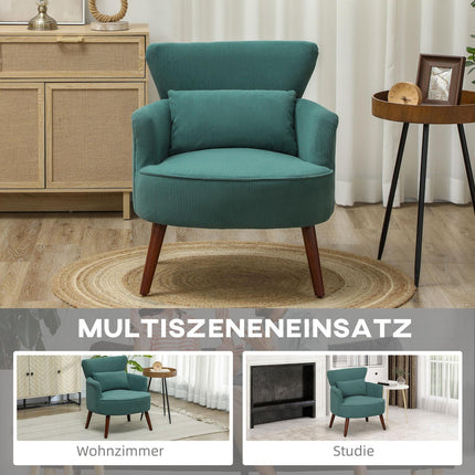 Fauteuil met rugleuning, afgeronde armleuningen, gestoffeerde loungestoel met koordlook, houten poten, voor slaapkamer, woonkamer, tot 120 kg, donkergroen