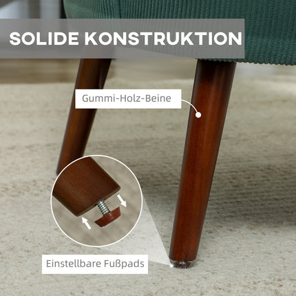 Fauteuil met rugleuning, afgeronde armleuningen, gestoffeerde loungestoel met koordlook, houten poten, voor slaapkamer, woonkamer, tot 120 kg, donkergroen