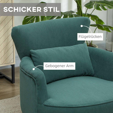 Fauteuil met rugleuning, afgeronde armleuningen, gestoffeerde loungestoel met koordlook, houten poten, voor slaapkamer, woonkamer, tot 120 kg, donkergroen