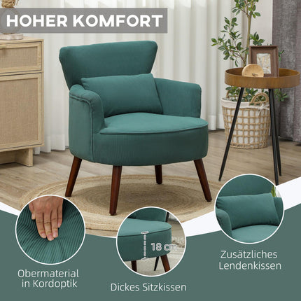 Fauteuil met rugleuning, afgeronde armleuningen, gestoffeerde loungestoel met koordlook, houten poten, voor slaapkamer, woonkamer, tot 120 kg, donkergroen