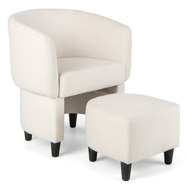 Fauteuil met voetenbank, gestoffeerde fluwelen fauteuil, clubfauteuil, massief hout, beige