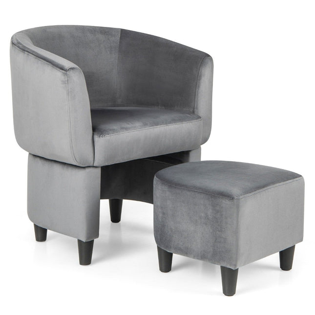 Fauteuil met voetenbank, gestoffeerde fluwelen fauteuil, clubfauteuil, massief hout, grijs