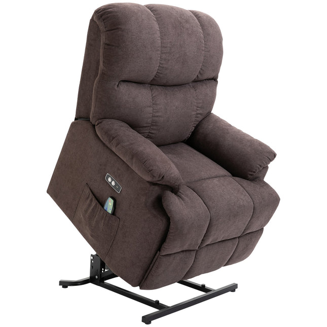 Fauteuil met sta-op-hulp, massagestoel, relaxstoel met USB-poort, afstandsbediening, zijvak, fluweellook, donkerbruin