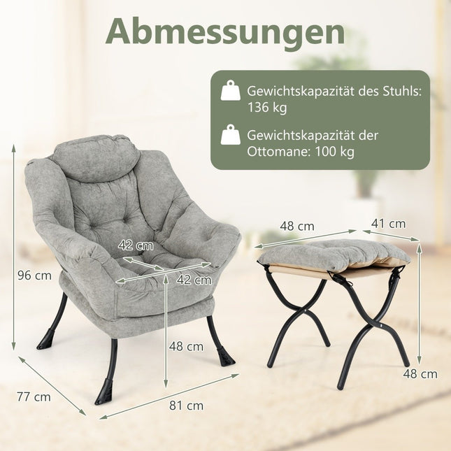 Fauteuil met kruk & armleuningen & zijvak & dubbelzijdige voetensteun relaxstoel grijs