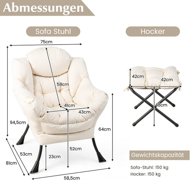 Armchair with stool & armrests & side pocket & footrest relaxation chair wing chair beige