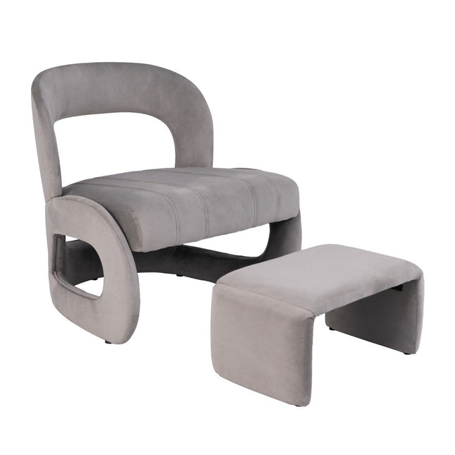 Fauteuil met kruk oversized relaxfauteuil met open rugleuning en brede zitting grijs