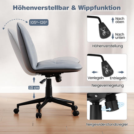 Armless Desk Chair, Faux Leather, Adjustable Height, Grey