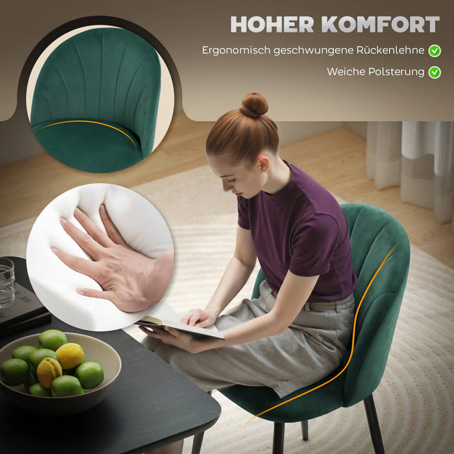 Armloze fluwelen eetkamerstoelen, set van 2, donkergroen