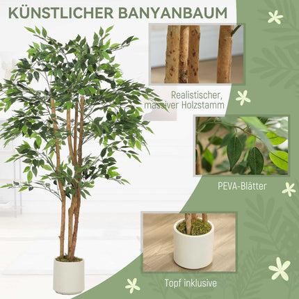 Artificial Banyan Tree 150 cm, Wood Trunk, White Pot