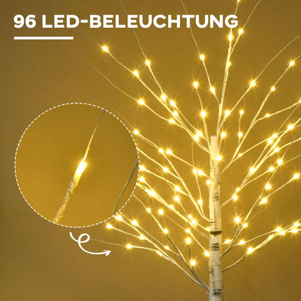 Artificial Birch Tree with LED Lights, White Bark, 180cm