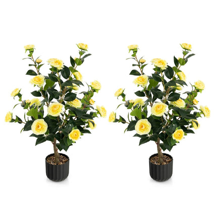Artificial Camellia Tree, 95 cm, Yellow, Cement Pot