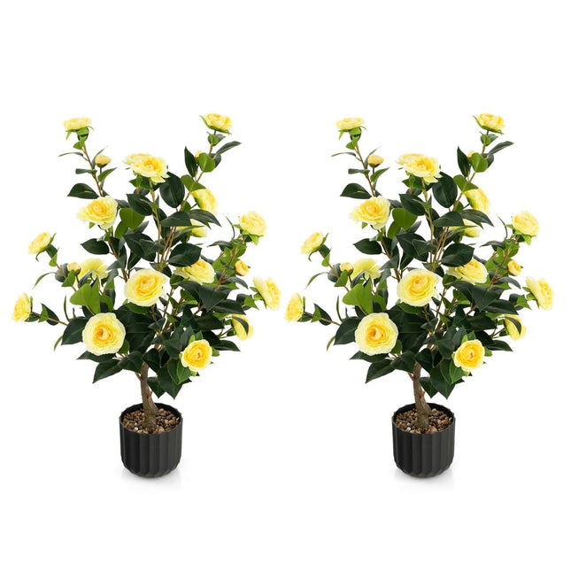 Artificial Camellia Tree, 95 cm, Yellow, Cement Pot