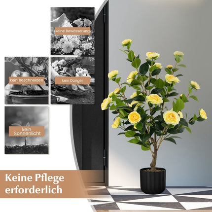 Artificial Camellia Tree, 95 cm, Yellow, Cement Pot