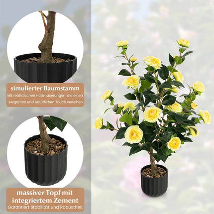 Artificial Camellia Tree, 95 cm, Yellow, Cement Pot