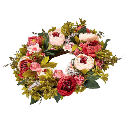 Artificial Floral Wreath 19 in, Pink Peony Hydrangea