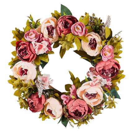 Artificial Floral Wreath 19 in, Pink Peony Hydrangea