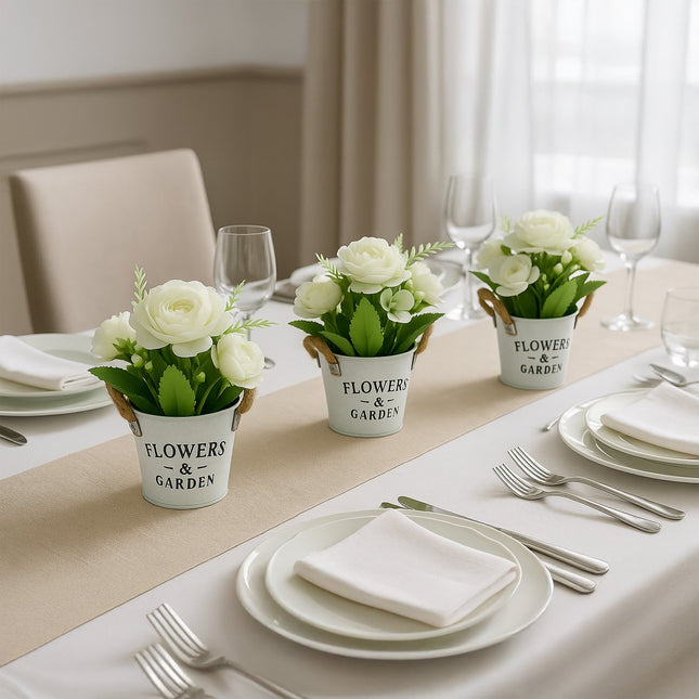 Artificial Flowers Set, 3 White Pots with Rope Handles