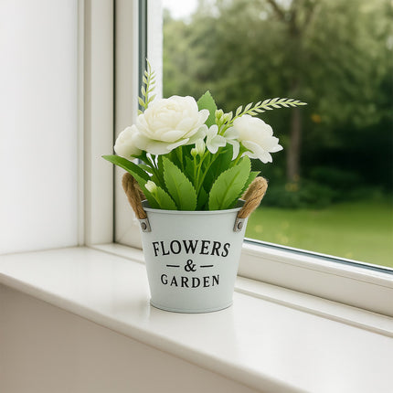 Artificial Flowers Set, 3 White Pots with Rope Handles