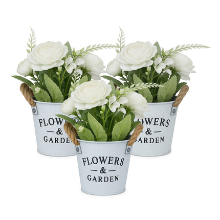 Artificial Flowers Set, 3 White Pots with Rope Handles