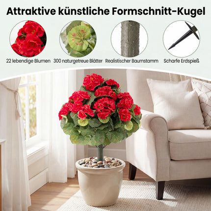 Artificial Geraniums Set of 2, Red, With Ground Stakes