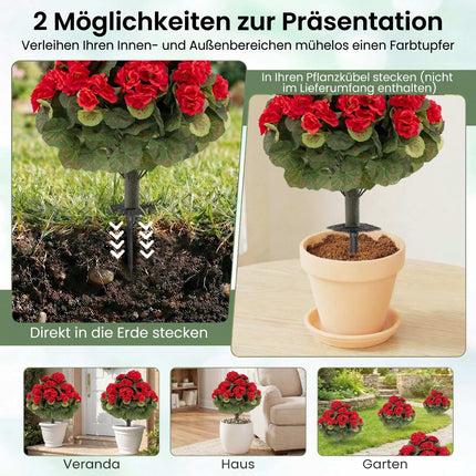 Artificial Geraniums Set of 2, Red, With Ground Stakes