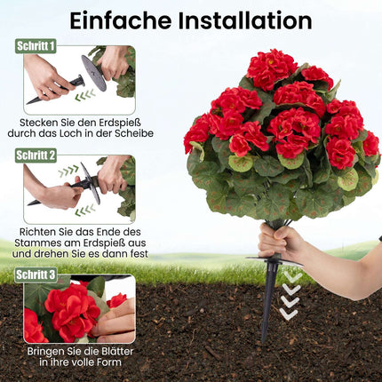 Artificial Geraniums Set of 2, Red, With Ground Stakes