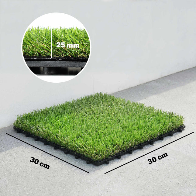 Artificial Grass Tiles Set, 22 Pieces, 30x30 cm, Drainage System