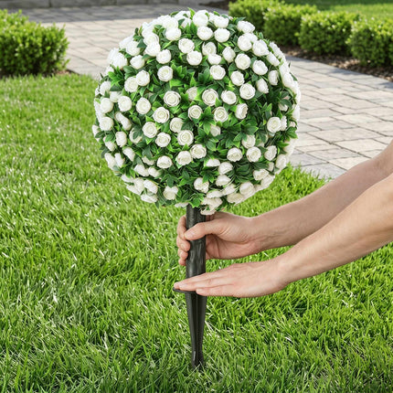 Artificial Rose Ball Topiary Stakes, 2-Pack, UV-Resistant, White