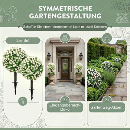Artificial Rose Ball Topiary Stakes, 2-Pack, UV-Resistant, White