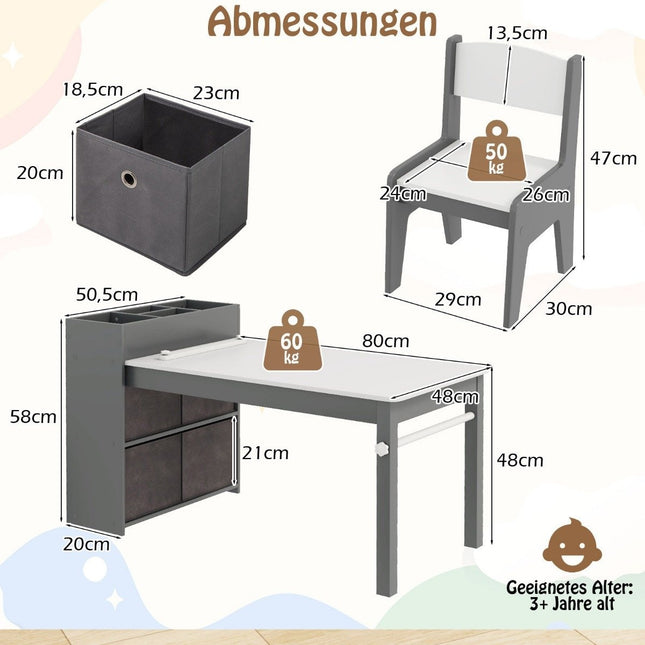 Art table and chair set for children. Drawing table with 2 chairs, paper roll and paper roll holder. Grey